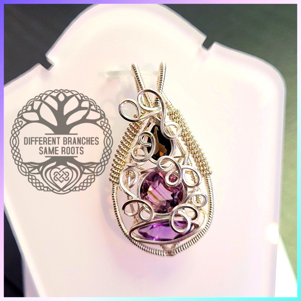 Handcrafted Tri quartz sterling silver pendant